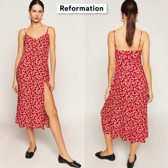 NWT REFORMATION CRIMINI DRESS JENNA Size 4 Red Floral Midi Summer Slit Boho Chic - Picture 2 of 16
